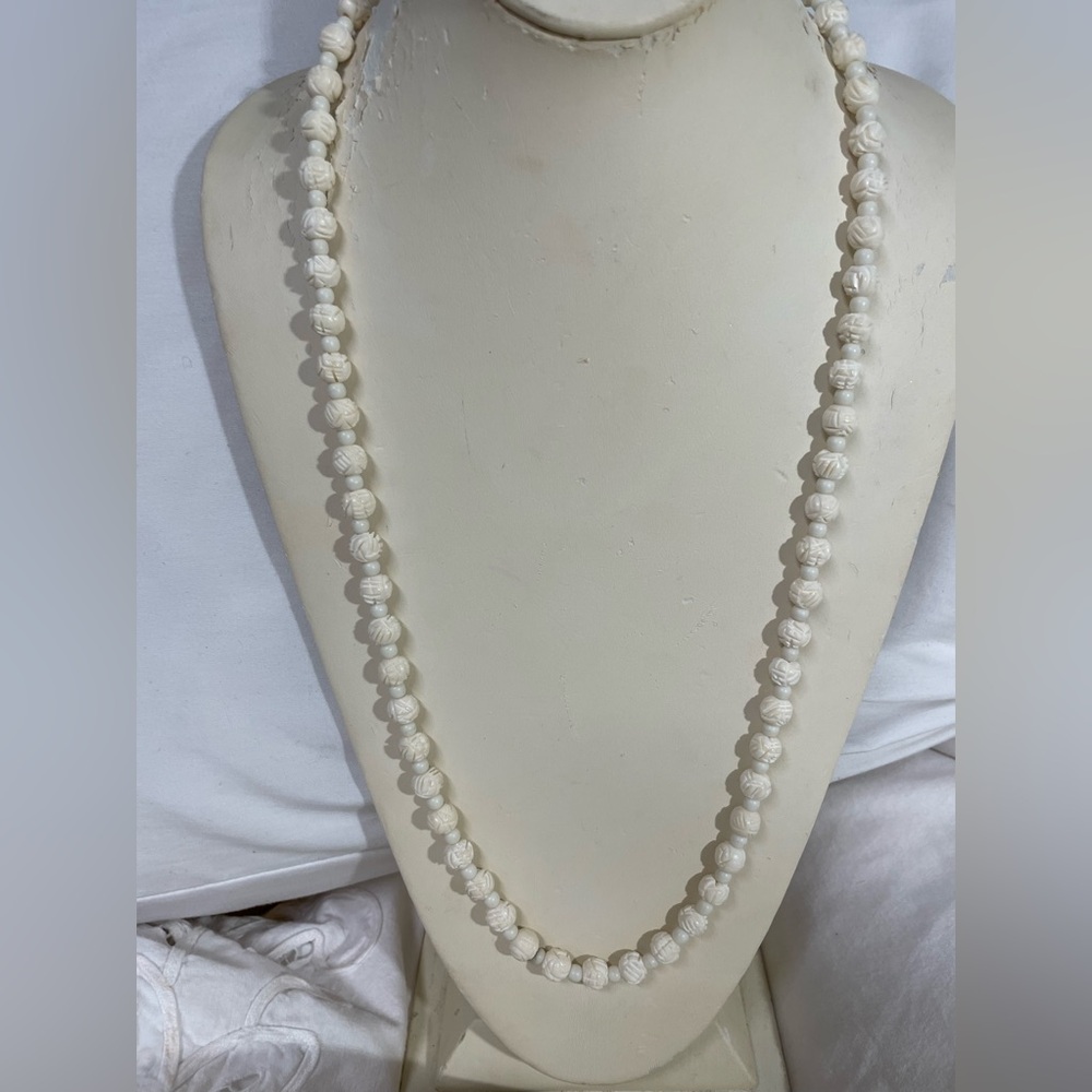 Vintage French Ivory/ Celluloid 26” Necklace hidden screw clasp